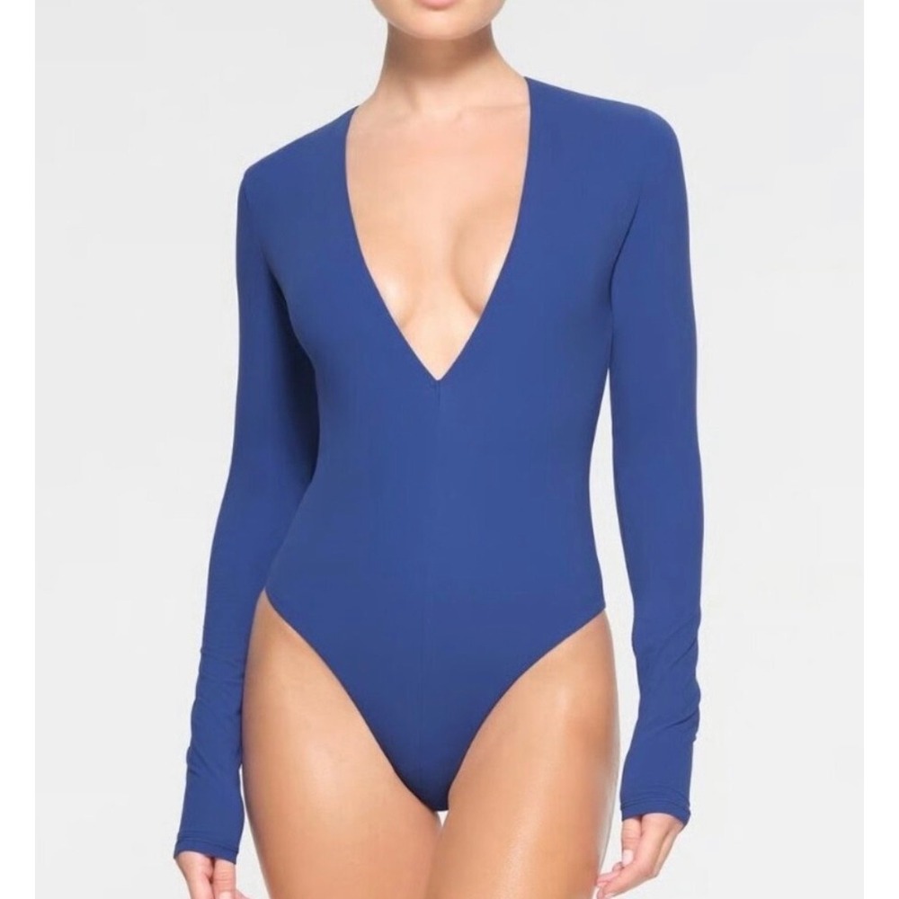 Skims Essential Long Sleeve Deep V Neck Bodysuit Royal Blue Medium M RN 158973